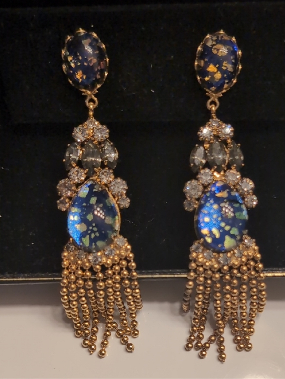 Gold-Tone Blue Teardrop Dangle Earrings with Fringe